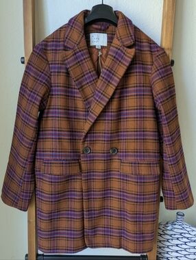 NWT a new day Orange Plaid Double-Breasted Coat with Purple Accents